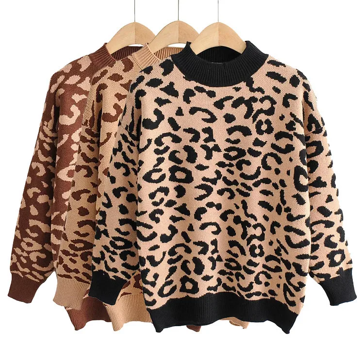 

2020 New Women's Femele Casual sweater Autumn And Winter Knitted Loose Leopard Round Neck Pullover Long Lantern Sleeve Sweater