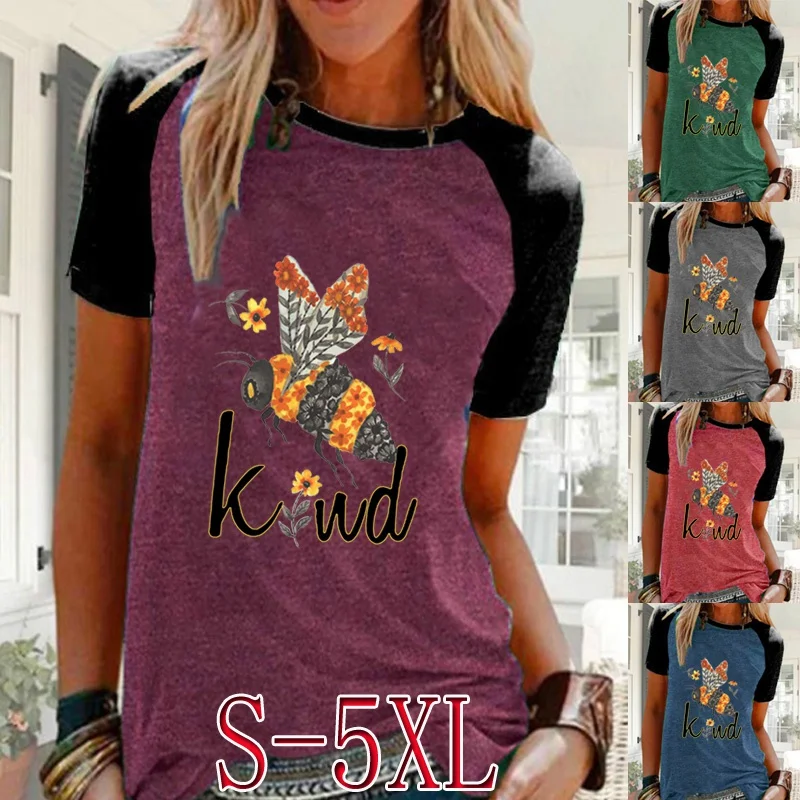 

Women's Summer Fashion BEE Printed Casual Shirt Plus Size Short Sleeve T-shirt Ladies Round Neck Raglan Blouse Tops