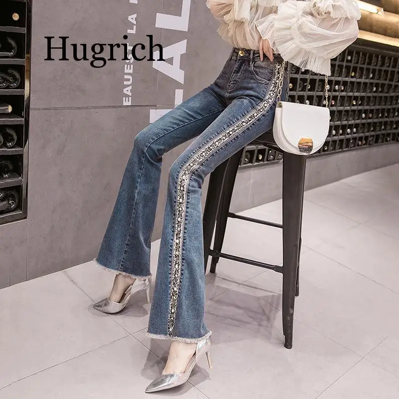 

Stretchy Plus Size Women Flare Jeans Pant Side Stripe Tassels Pearls Skinny Jeans Woman Pearls Skinny Pants High Waist Mom Jeans