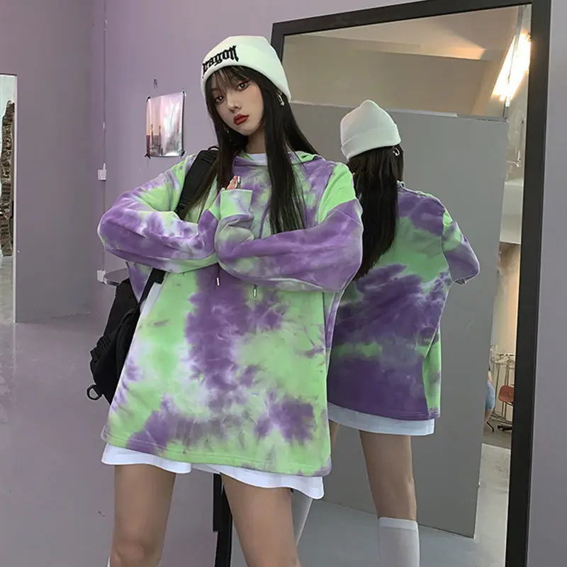 

2021 New Winter Hoodies Women 3D Tie Dye Sweatshirt Drawstring Long Sleeve Streetwear Printed Pullover Tops Y434