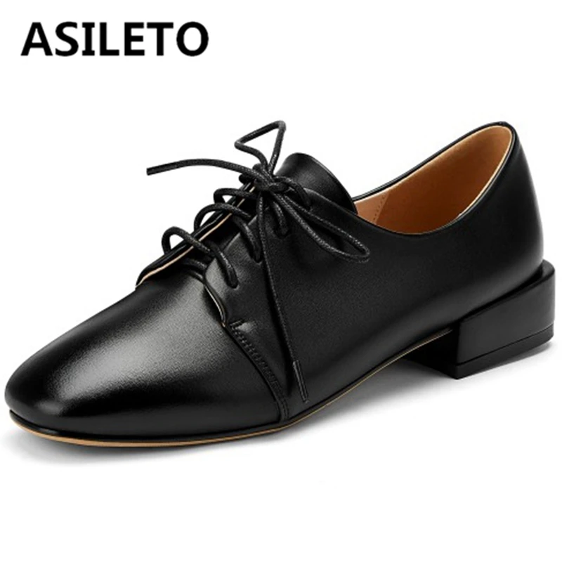 

ASILETO Woman Spring Autumn Concise Flats Round Toe 3cm Square Heels PU Lace up Cross-tied Big Size 33-48 Leisure Date S1836