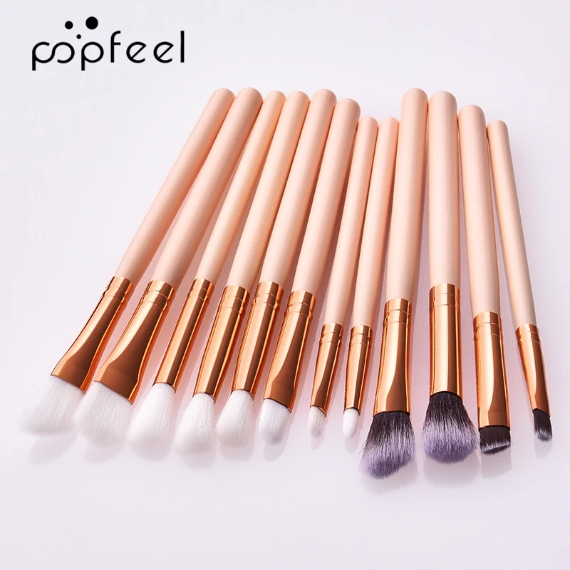 Набор кистей для макияжа POPFEEL 12 шт. мягкие синтетические ворсинки и натуральная