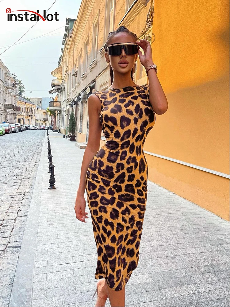 

InstaHot Y2K леопардовой раскраски из меха пони миди платье с низким вырезом на спине летнее облегающее платье элегантные пикантные модные уличн...