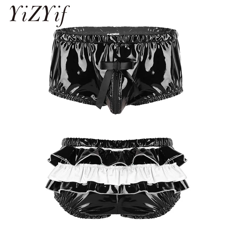 

Sissy Panties Mens Underwear Wet Look Patent Leather Lingerie Zippered Bulge Pouch Back Frilly Ruffled High Cut Low Rise Briefs