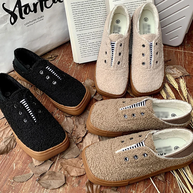 Женские парусиновые туфли теплая и бархатная хлопковая обувь на плоской подошве