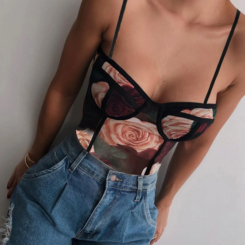 

Floral Print Mesh Bodysuit Women Club Party Long Sleeve See Though Sexy Bodysuit Summer Body Female Top