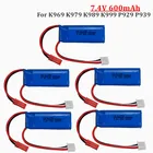 Оригинальная литий-полимерная батарея 7,4 в 600 мАч 20C для WLtoys K969 K979 K989 K999 P929 P939, запчасти для радиоуправляемых автомобилей 2s 7,4 В, батарея 5 шт.лот