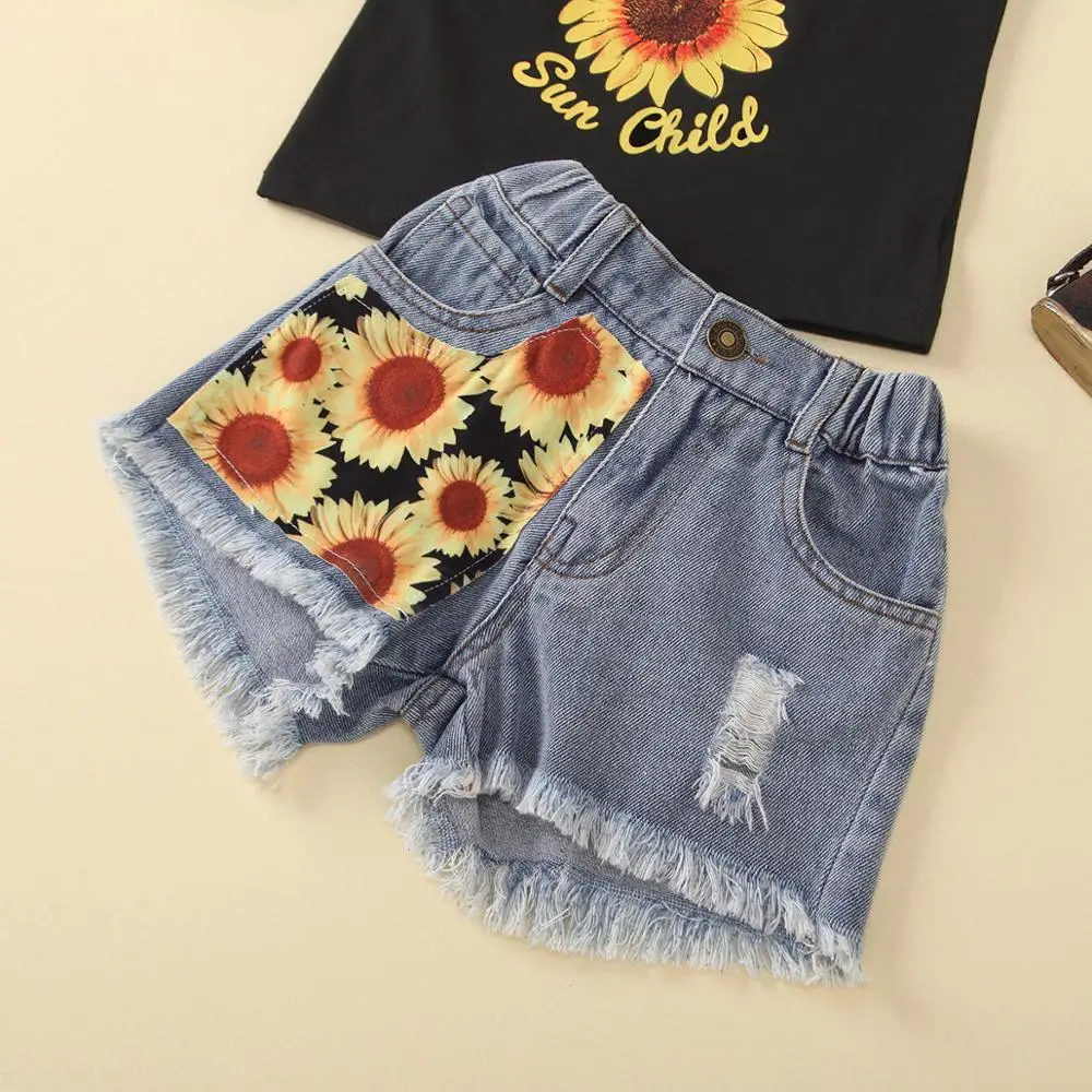 

Rlyaeiz Sets Summer Clothes Kids Girls Sleeveless Sunflower Tshirts Tops + Denim Pants Shorts Outfit Sets For Baby G