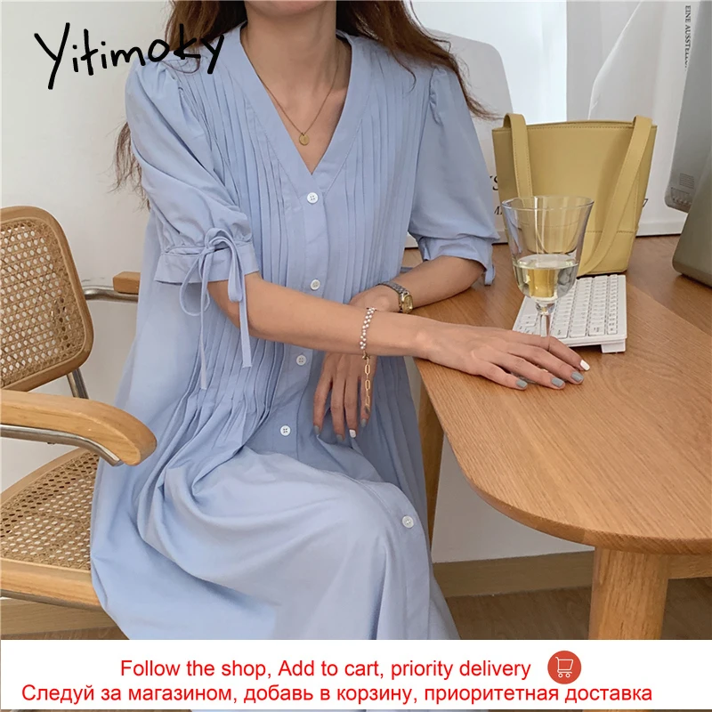 

Yitimoky Simple Women Dresses V-Neck Ruched 2021 Summer Fashion Korean Single Breasted Puff Sleeve Bandge Solid Long Dress