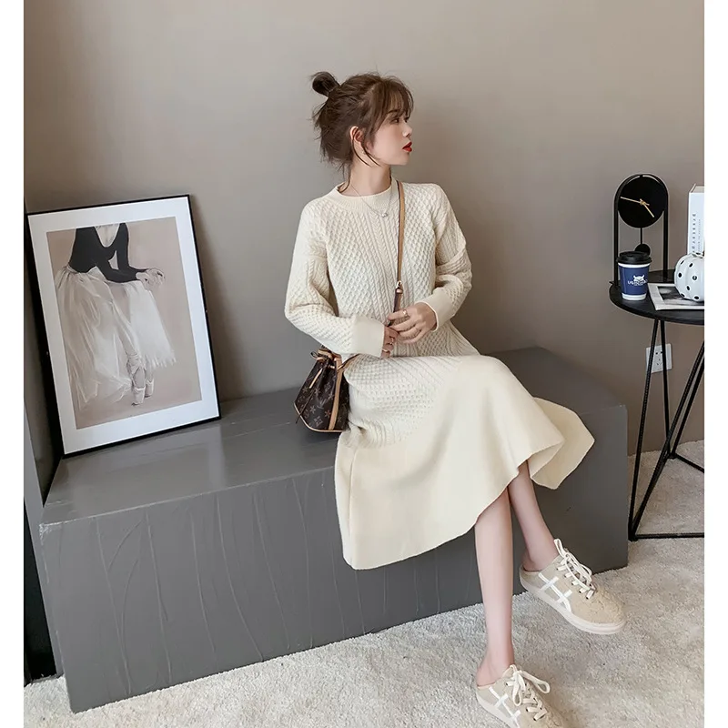 

Long Sweater Women Dress Knit Japanese 2020 Autumn and Winter Solid O Neck