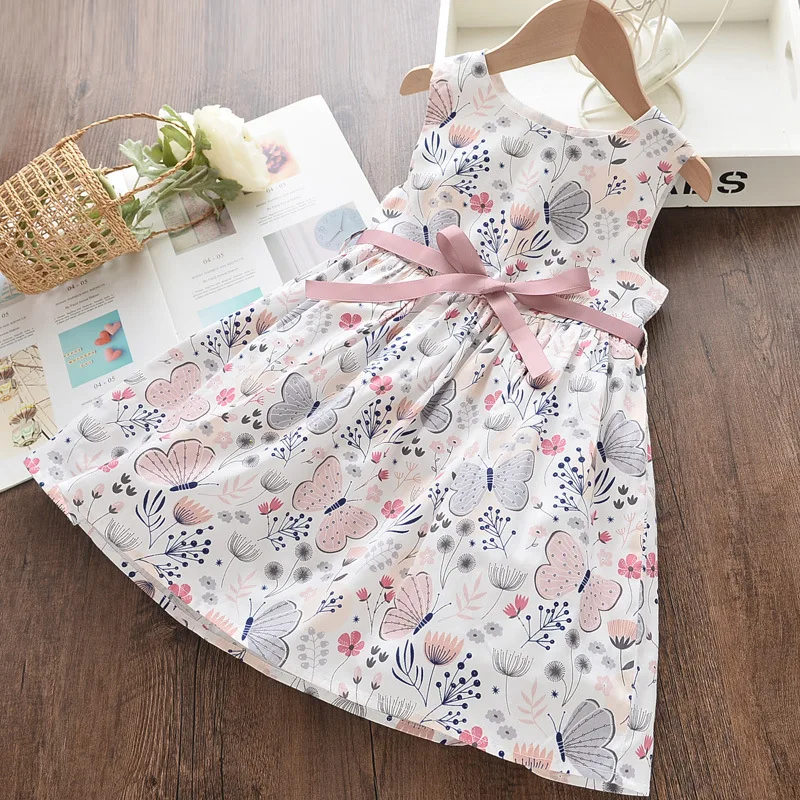 

2021 Girls Dresses Kids Summer Sleeveless Bowknot Princess Dress Girl Casual Sundress Cotton Flower Print Children Clothes