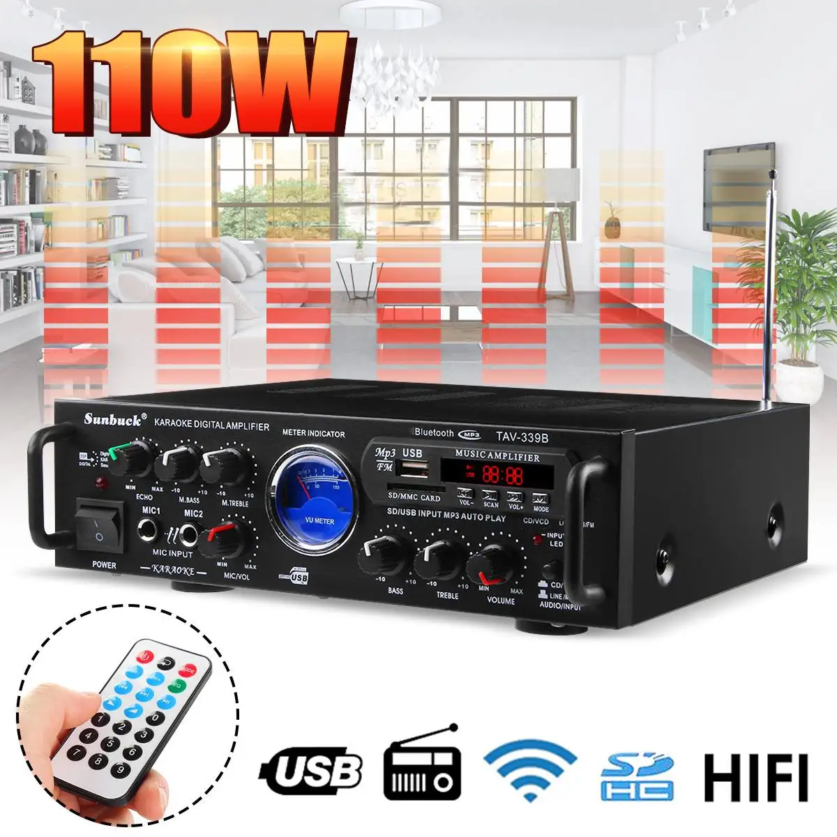 

Bluetooth Stereo HIFI Amplifier FM Radio Cara OK Power 2CH USB SD Karaoke Home Digital Amplifiers Theater Audio 110V 600W