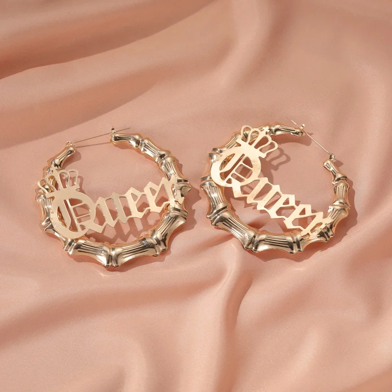 

Exaggerated Round Bamboo Earrings for Women English Letter Queen Jewelry