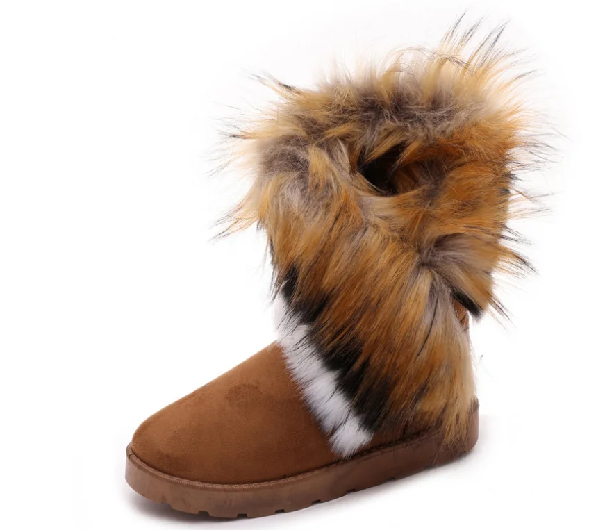 Classic Faux Fox Hair Winter Snow Rain Warm Short fur Boots Women Australian Boots Fashion tube women shoes big size 42 - Цвет: Коричневый