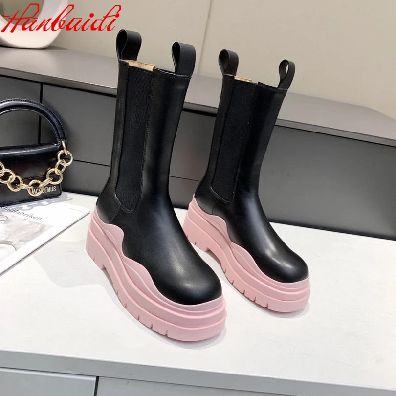 

Genuine Leather Women Long Boots Mixed Color Platform Wedges Women Knee HIgh Boots Round Toe Slip On Women Chelsea Boots Combat