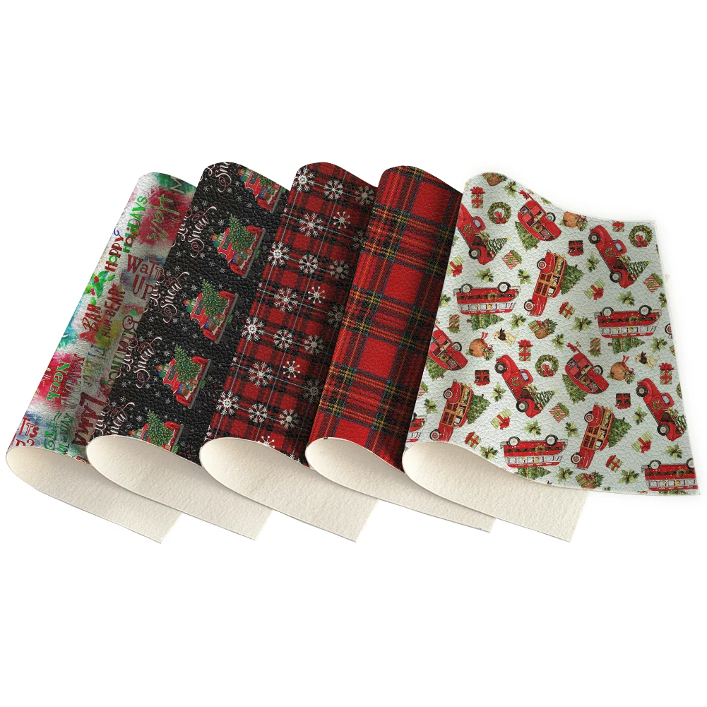 

Christmas Fabric Synthetic Leather Snowflake Letters Grid Pattern Litchi Printed For Xmas Party Present 30X136CM
