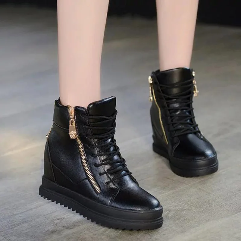 

Ladies Faux Leather Sneakers Side Zipper Casual Shoes High-heeled Short Boots Platform Sneakers High-top Lace-up Single Shoes