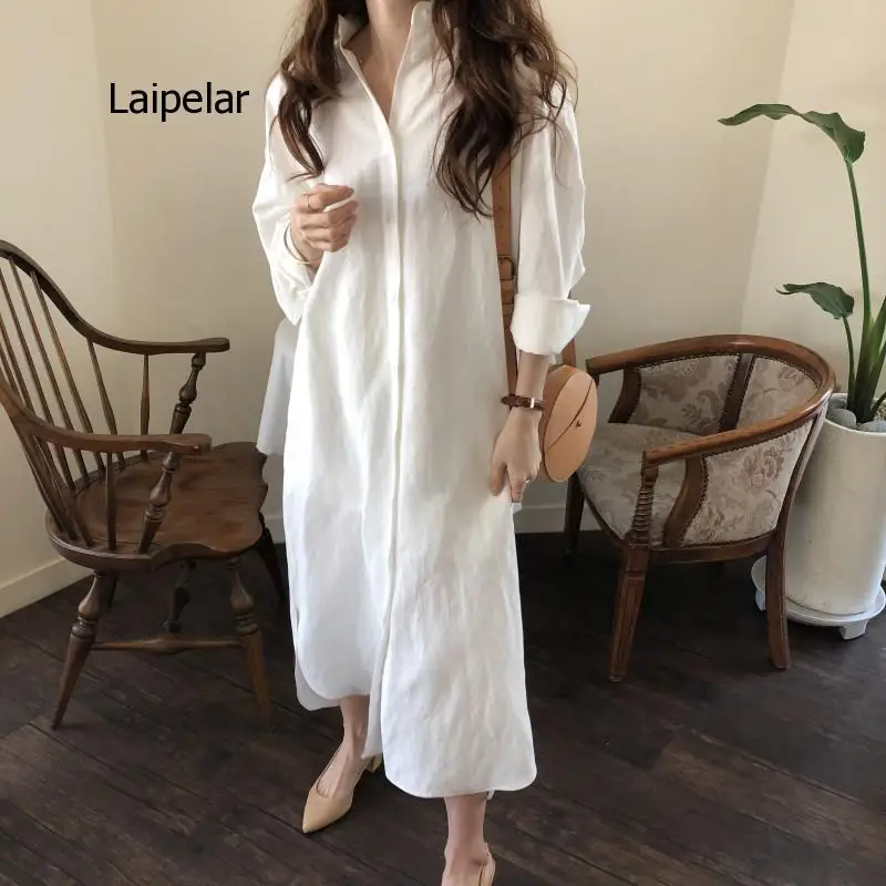 

Long Sleeve Shirt Spring Casual Patchwork White Cotton Dresses Collar Buttons Loose Robe Femme Vestido 2021