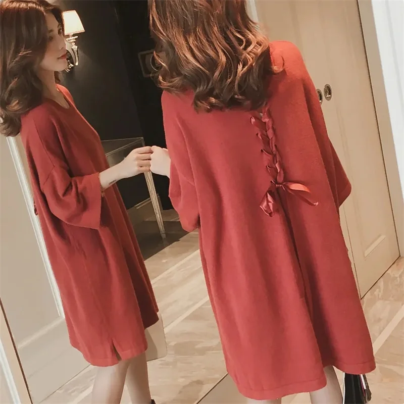 Base Knit Sweater Sweater Fashion Women's 2021 Spring And Autumn New Style Korean Mid-Length Loose Back Lace-Up Female Dress E