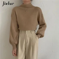 jielur 2022 lantern sleeve sweater women turtleneck office lady pure color knitted pullover loose white khaki sweaters for women