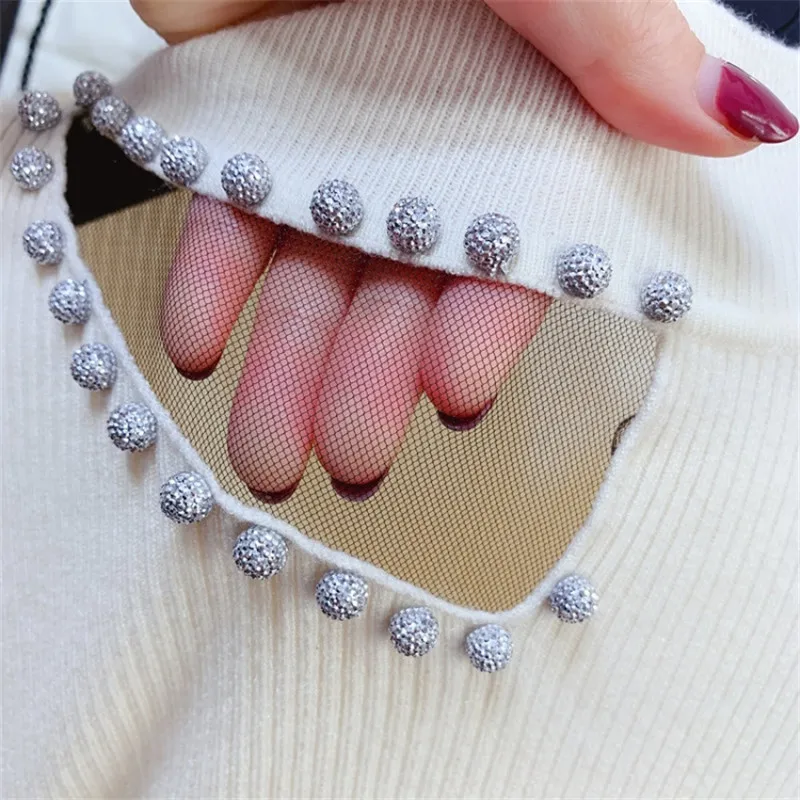 Women autumn winter knitted sweaters hollow mesh long sleeve elasticity beaded casual bottoming pullovers 3140 | Женская одежда