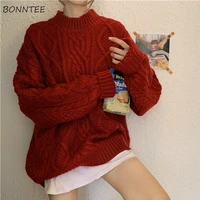 pullovers women harajuku new korean solid chic spring autumn vintage femme sweaters lady soft all match o neck jumpers