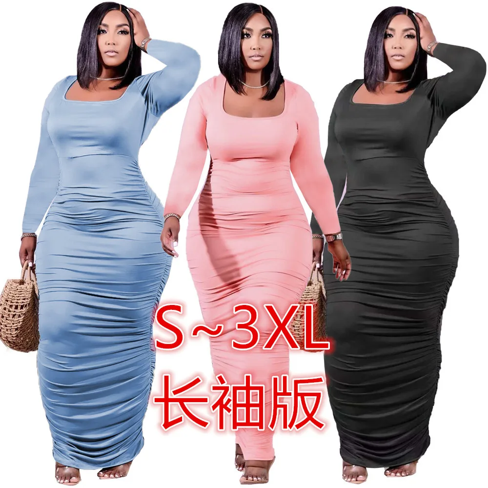 

Maxi Dresses for Women New European and American Fashion Sexy Women's Favorite Long Sleeve Pleated Dress