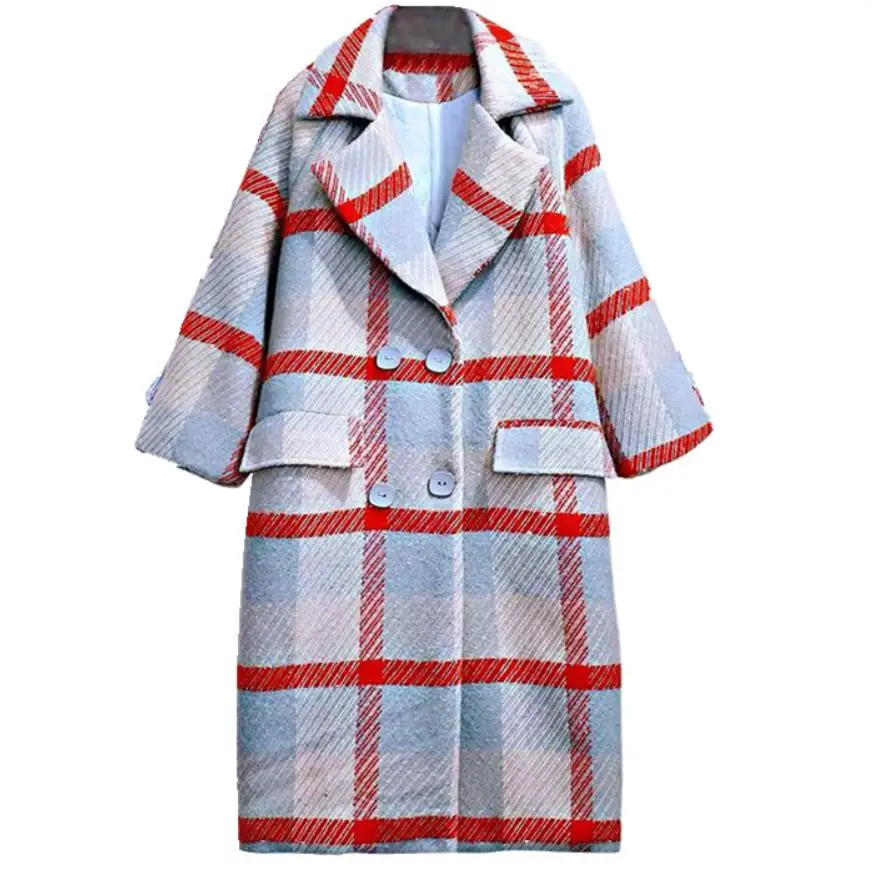 

Autumn and Winter Woolen Coat Women Loose Lapel Plaid Tweed Coat Ladies Long Outerwear