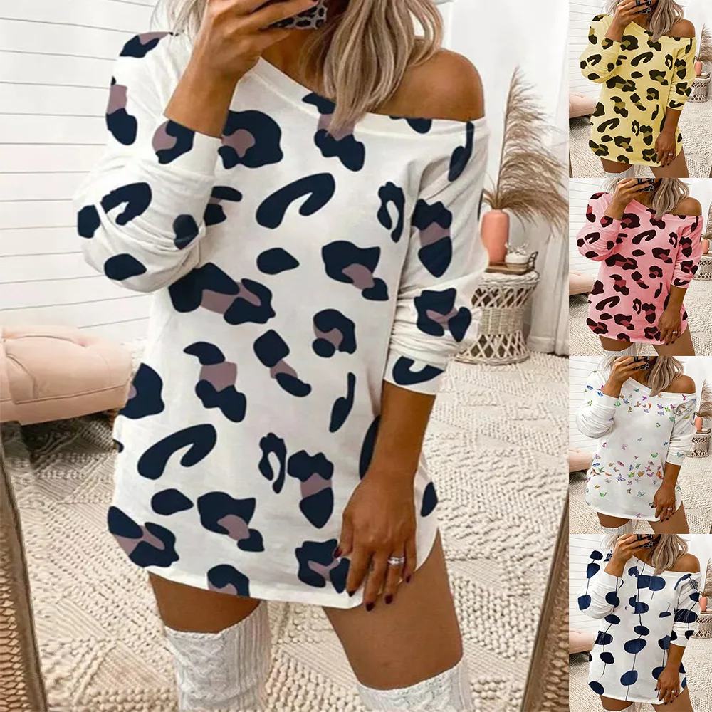 

Women's Leopard Print T-Shirt Dress Strapless Long Sleeve Loose Soft Tops Spring Autumn Female Harajuku Casual Sexy Robe Mujer