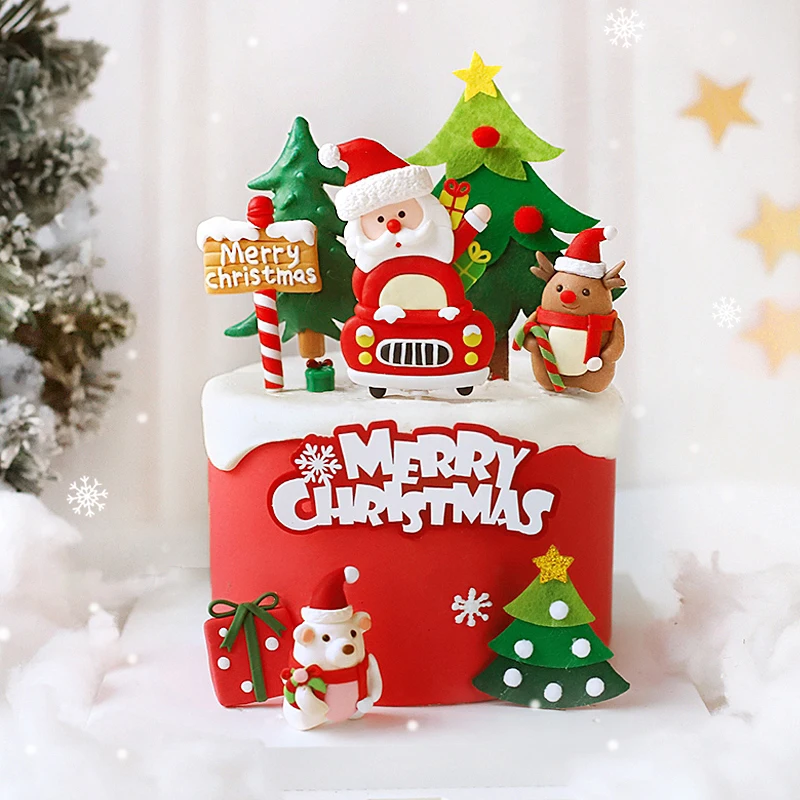 

Merry Christmas Baking Cake Toppers Decorations Car Gift Box Elk Christmas Tree Non-woven Fabric Party Dessert Table Dress Up