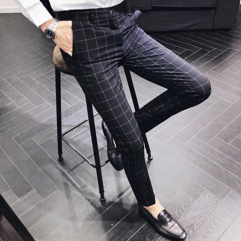 Мужские летние клетчатые брюки деловые облегающие для офиса|Повседневные брюки|
