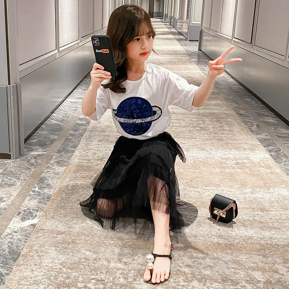 Летняя одежда для девочек футболка с блестками + юбка Повседневная стильная