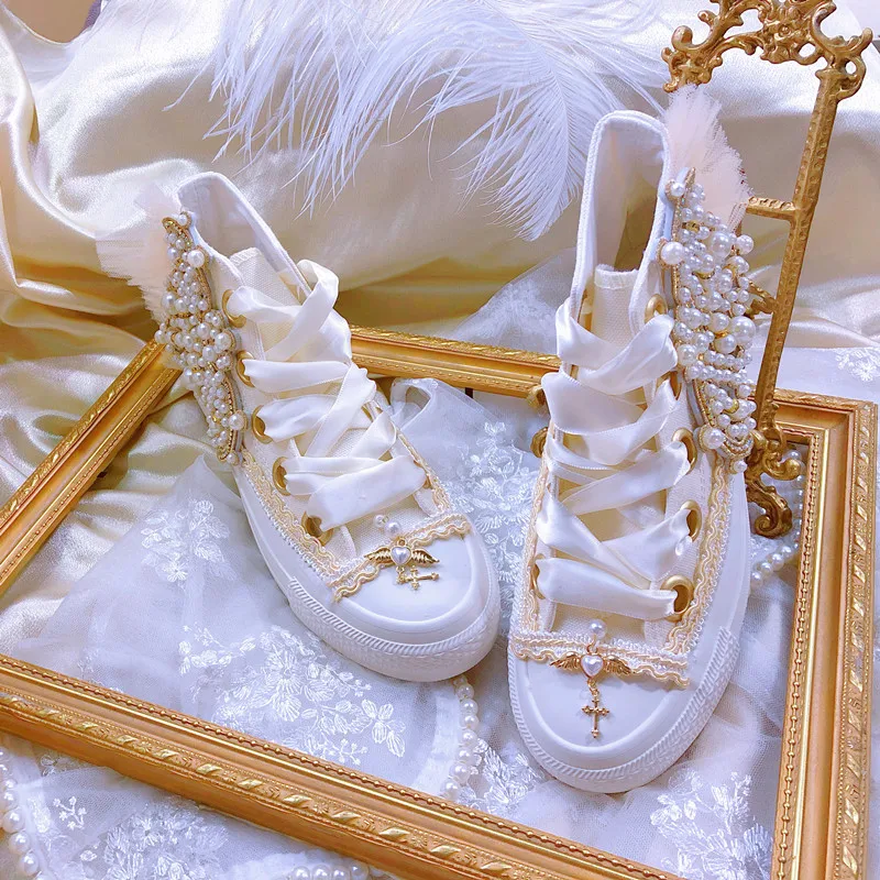 

Women's Canvas Lace Up Flats Pearls High Top Thick Bottom Casual Shoes M3