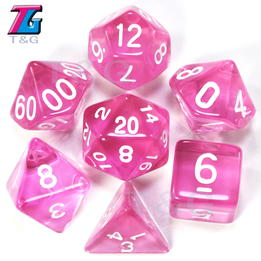 7 шт./компл. прозрачный набор костей для ролевых игр D4, d6, d8, d10, d10%, d12, d20 для Настольная игра, красный, синий, желтый, фиолетовый, зеленый, светло-зеленый высокое качество - Цвет: pink