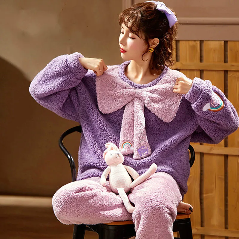 Pajamas Set Women Thick Flannel Cute Hooded Sleepwear Autumn and Winter Warm Lamb Velvet Nightwear Ladies Fashion Home Service