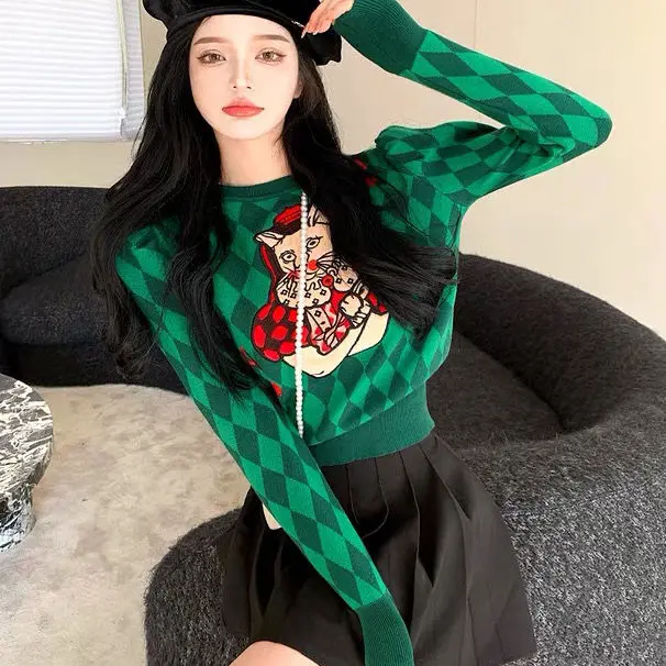 

Женский пуловер с длинным рукавом, в стиле ретро, с круглым вырезом