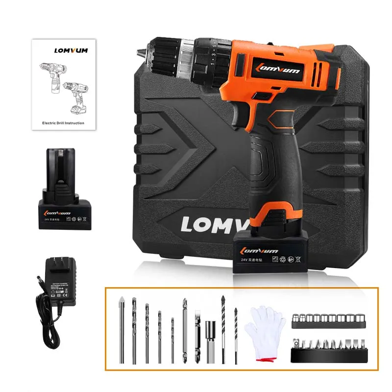 24v pc 2 battery LOMVUM, 12 В, 16 В, 24 В, беспроводная отвертка, регулируемая скорость, ударная дрель, электрическая, 2 аккумулятора, перезаряжаемый молоток, Быстрозажимной патрон ST - Цвет: 24v pc 2 battery