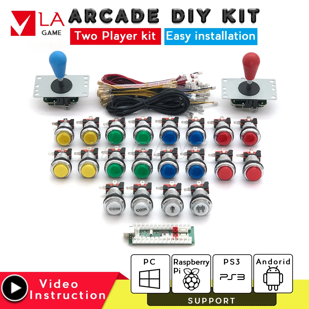 

Комплект «сделай сам» для 2 игроков, usb-кодировщик с нулевой задержкой для ПК, джойстик Rasberry PI sanwa, аркадные светодиодные кнопки, консоль 30 мм, ...