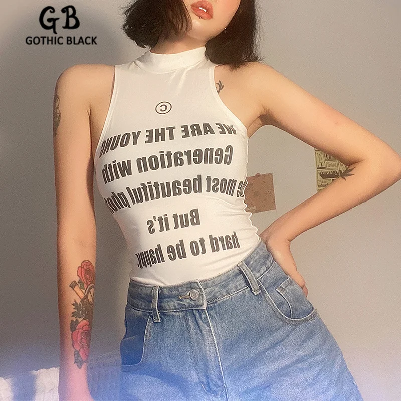 Женский облегающий Боди без рукавов Gothblack белый топ с круглым вырезом и буквенным