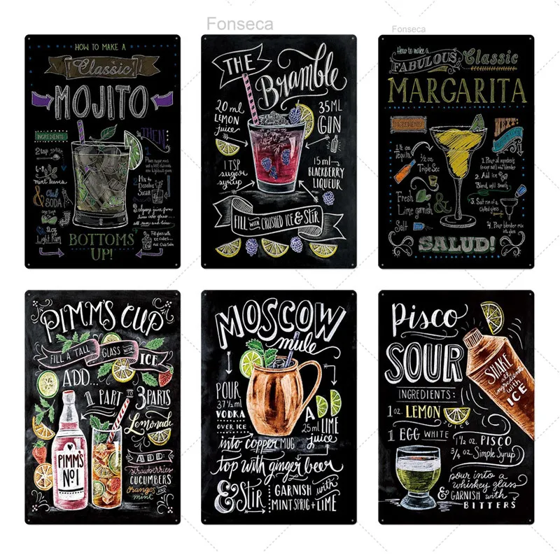 Жестяная винтажная вывеска для коктейлей металлическая табличка металлический