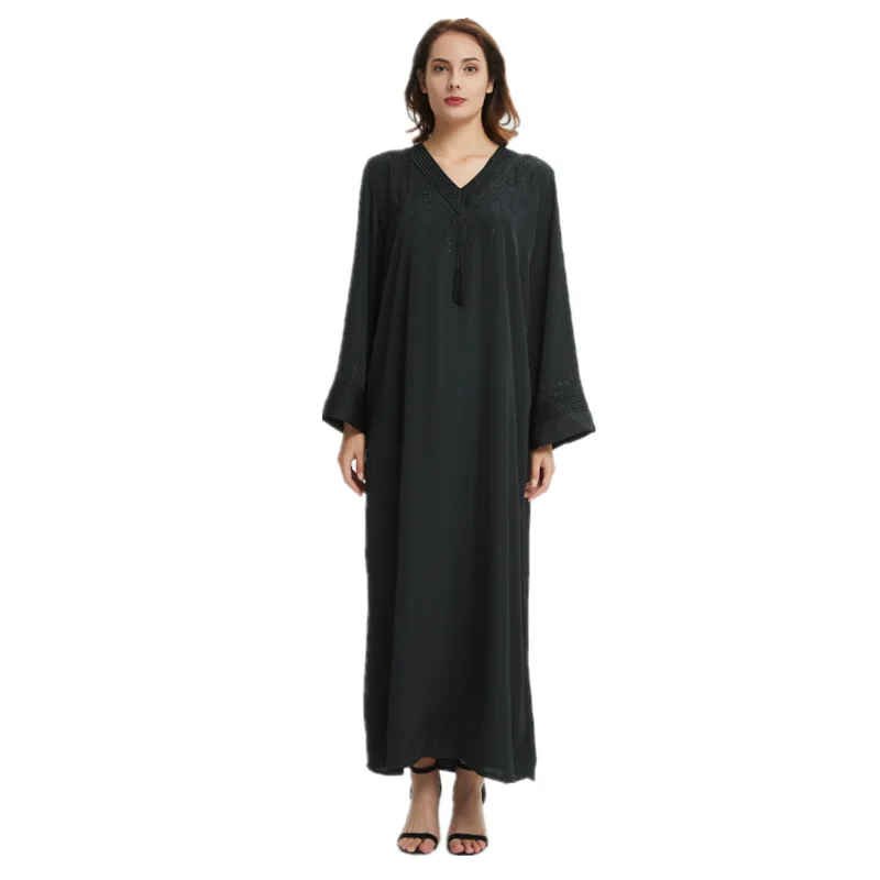 D722 Black Мусульманская черная абайя Исламская одежда для женщин вышивка Стразы Дубай Кафтан халат платье Турецкий абайя D253 - Цвет: D722 Black