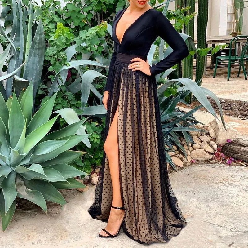 Сетчатое платье макси с глубоким V-образным вырезом в горошек женское вечернее