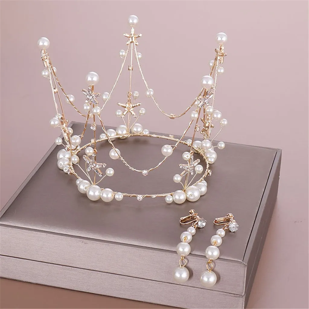Женский набор с жемчужной короной и зажимом для ушей свадебный обруч принцессы