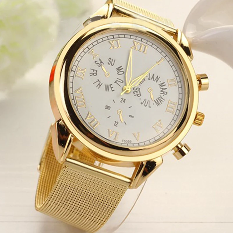 

Elegant Fashion Charming Birthday Gift Quartz Analog Gold Stainless Steel Business Mesh Band Sports Women Wristwatch