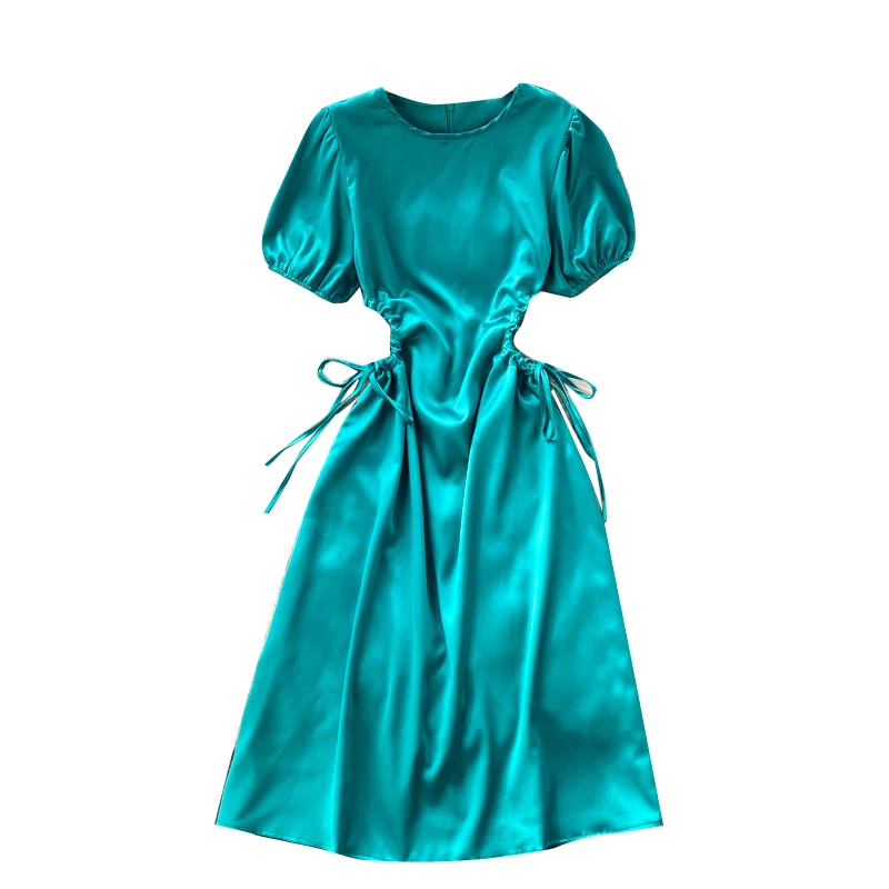 

Kimutomo Elegant Fashion Solid Dress Women O-neck Puff Sleeve High Waist Hollow Out Party Dresses Female New Summer 2021