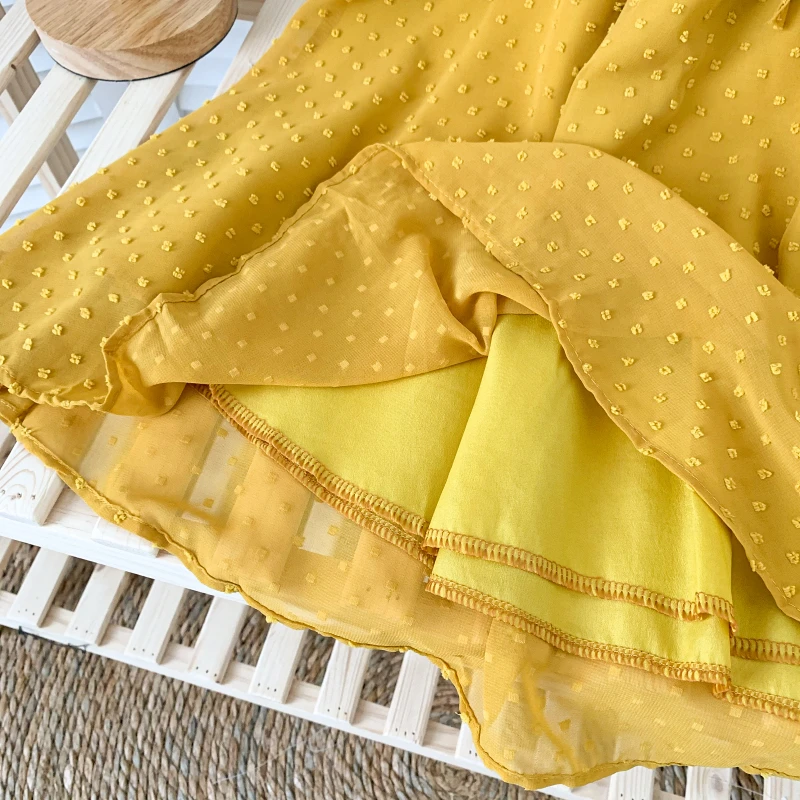 

FMFSSOM Summer Women Fashion V-neck Single Breasted Lace-up Short Dress Casual Puff Sleeve High Waist A-line Lady Chiffon Dress