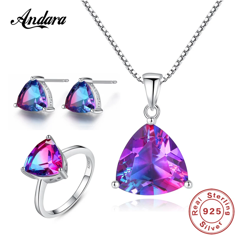 

Jewelry Set 100% 925 Sterling Silver Elegant Heart Rainbow Stone Necklace Earrings Rings Set Woman Luxury Jewelry