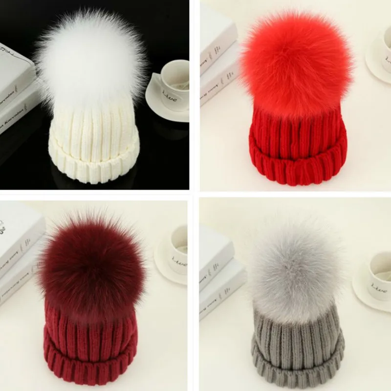 

Winter Pompom hat for Kids Ages 1-10 Knit Beanie winter baby hat for children fur Pom Pom Hats for girls and boys