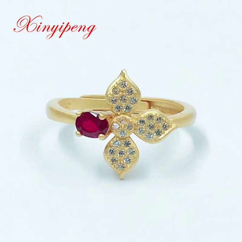 

Xinyipeng S925 sterling silver plated yellow gold inlaid real natural ruby ring fine Valentine's day anniversary gift for women