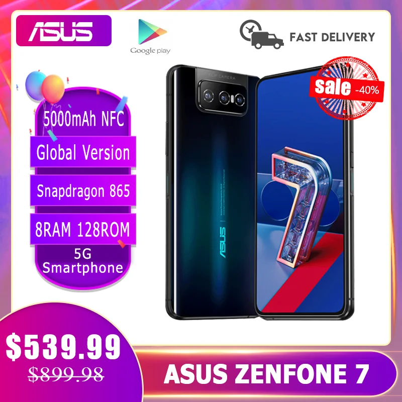 

ASUS Zenfone 7 Snapdragon 865 NFC Android OTA 5000mAh QC 4.0 8GB RAM 128GB ROM 6.67"Display Smartphone